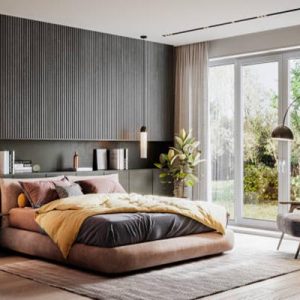 3D rendering of large bedroom. Computer generated image of a luxurious and elegant bedroom interiors.